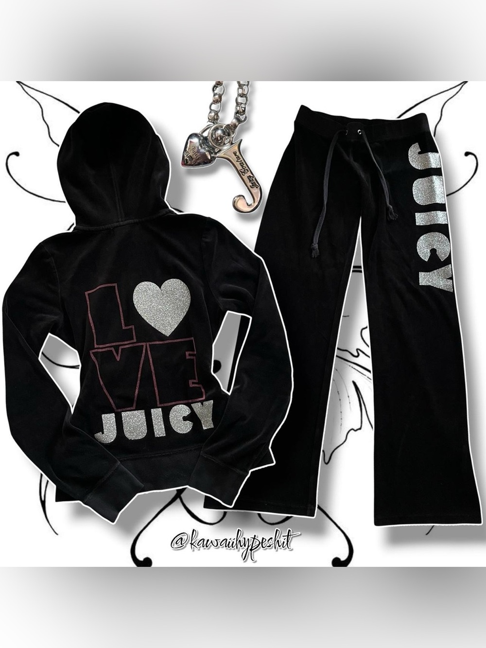 VTG Y2K Juicy Couture Black Velour Hoodie & Pants Tracksuit Silver Glitter Logo